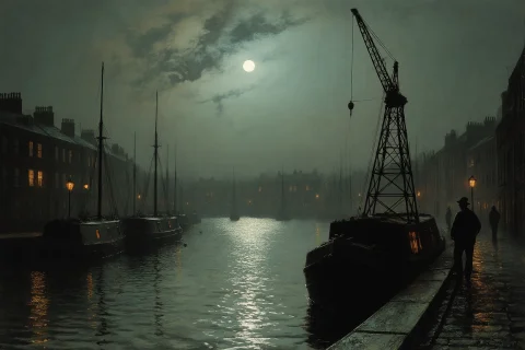 In The Manner Of Grimshaws Moonlit Visions, Canal Basin At N... — Stable Diffusion AI Prompt: In the manner of Grimshaw's moonlit visions, canal basin at night with narrowboa...