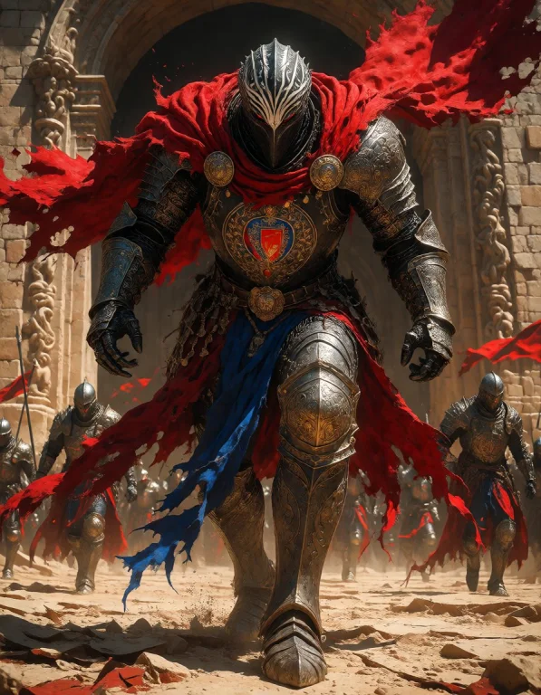A Silent Black Knight With A Torn Crimson Cape, With Predato...