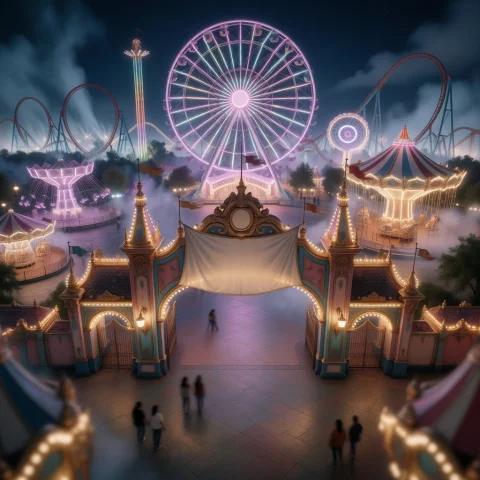 A Magical Night At The Amusement Park, Where A Grand, Glowin... — Stable Diffusion AI Prompt: A magical night at the amusement park, where a grand, glowing entrance gate open...