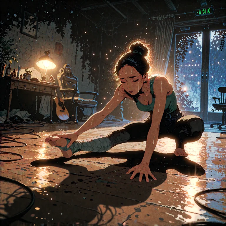 A Dancer Stretching In A Dim Rehearsal Studio At Night, Only...