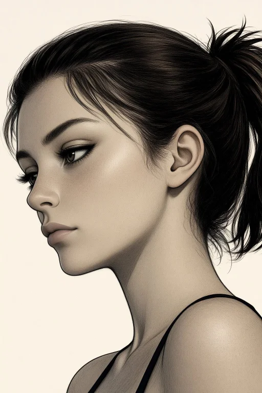 Woman Face Closeup, Short Ponytail, Graphic White Liner, Ext...