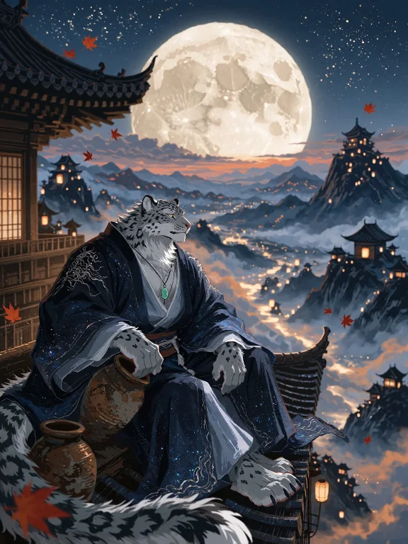 A Mature Anthropomorphic Snow Leopard Warrior Sits Alone On...