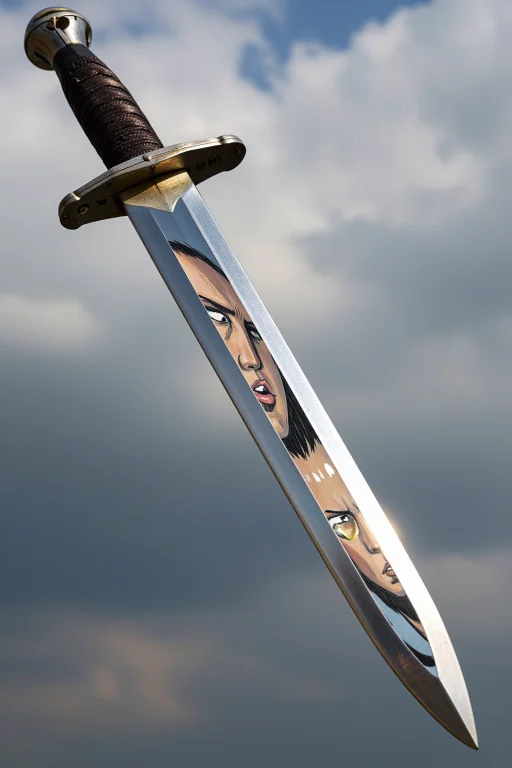 A Drawn Sword Blade Reflecting The Determined Face Of Its Ho...