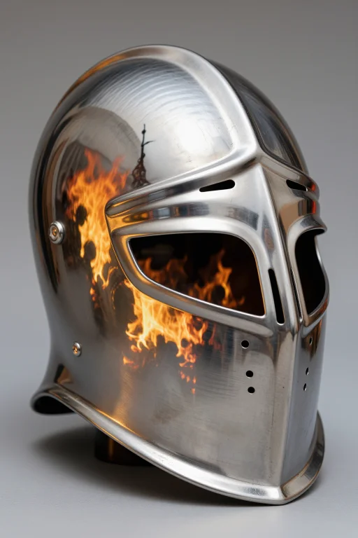 A Polished Knights Helmet Visor Reflecting A Burning Battlef...