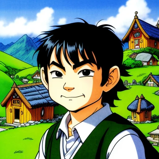 Front Portrait Of A Cartoon Hobbit, Village On Background, B...