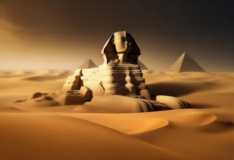 A Sphinx Half-buried In Shifting Golden Sand, Pixel Art, Dra...