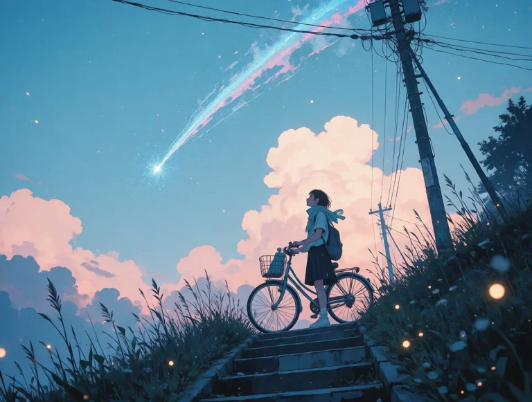 Anime-style Cinematic Dusk Scene, Low-angle Wide Shot Of A S...