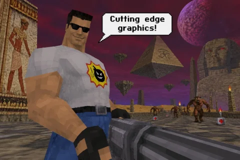 An Old 90s Video Game Render With A Surreal Background. Feat... — Stable Diffusion AI Prompt: An old 90's video game render with a surreal background. Featuring Serious Sam,...