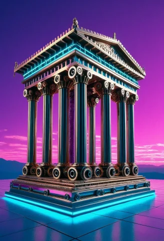 A Mechanical Greek Temple Made Entirely Of Polished Brass An... — SDXL AI Prompt: A mechanical greek temple made entirely of polished brass and chrome gears, glow...