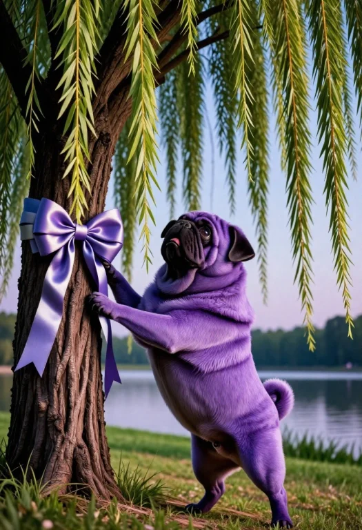 A Purple Anthropomorphic Pug Man Barks Up A Gently Blowing W...