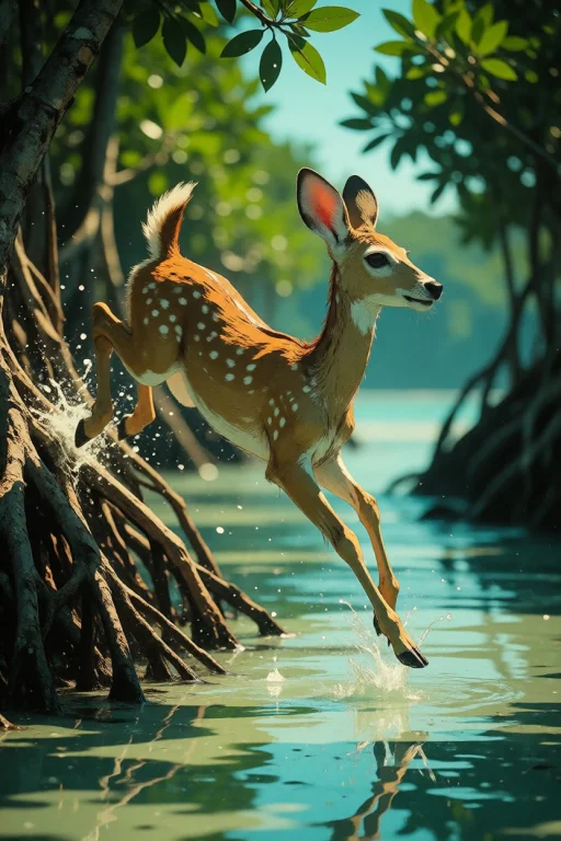 Nature, A Key Deer Bounding Through Shallow Mangrove Water I...