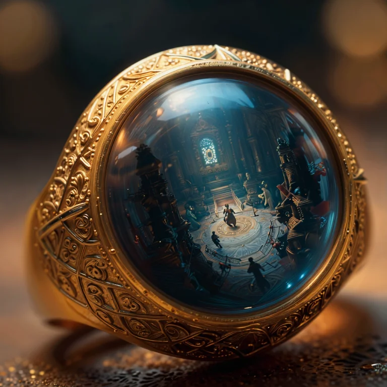 Extreme Close Up Of A Intricate Gold Ring. It Has A Round Ca...