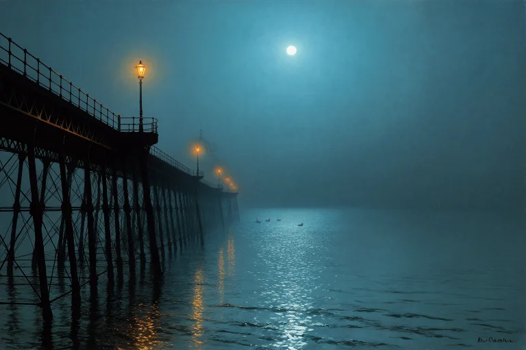 Grimshaw Victorian Nightscape, Estuary Pier At Moonset With...