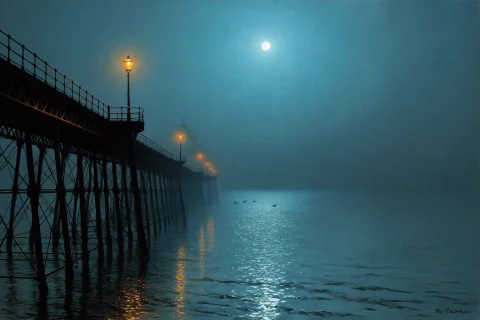 Grimshaw Victorian Nightscape, Estuary Pier At Moonset With... — Stable Diffusion AI Prompt: Grimshaw Victorian nightscape, estuary pier at moonset with the sky cold blue an...