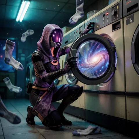 Talizorah, Adult Quarian In Her Complete Purple Patterned Ho... — Stable Diffusion AI Prompt: Tali'Zorah, adult quarian in her complete purple patterned hood and sealed black...