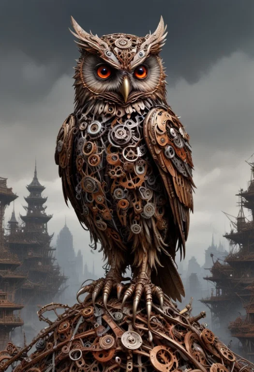 A Towering, Intricately Constructed Mechanical Owl Standing...