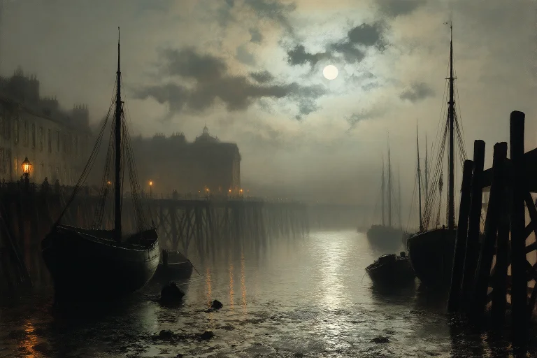 John Atkinson Grimshaw Style, Wharf At Low Tide With Fishing...