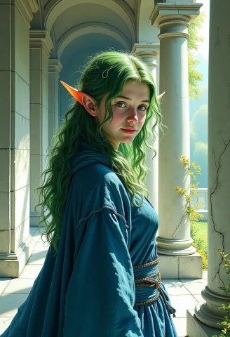 Elf Girl, Green Hair, Messy And Loose, Long Pointed Ears, Bi... — FLUX AI Prompt: Elf girl, green hair, messy and loose, long pointed ears, big dark eyes, blue ro...