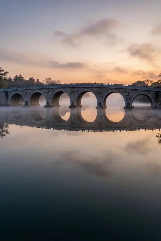 A Stone Bridge With Seven Arches Reflected In Still Water Fo...