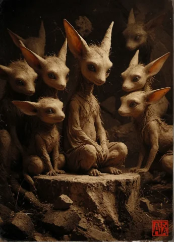 A Vertical, Sepia-toned Painting Depicting A Small, Humanoid... — Stable Diffusion AI Prompt: A vertical, sepia-toned painting depicting a small, humanoid creature with large...