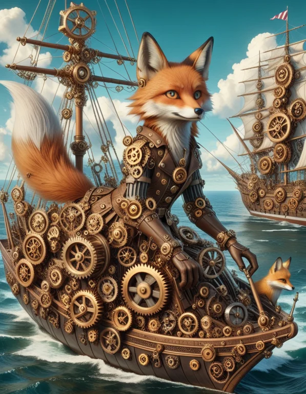 A Fox Navigating A Sailing Ship Made Outof Steampunk Gears,...