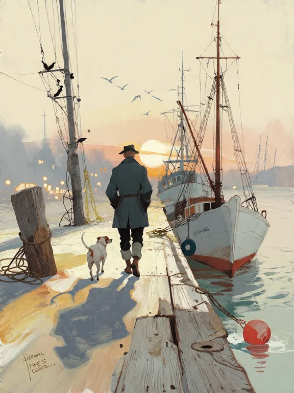 Bradhamel Art Style. A Serene Coastal Harbor At Dawn, Render...