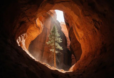 Photorealistic Architectural Landscape, A Solitary Slender E... — Stable Diffusion AI Prompt: Photorealistic architectural landscape, a solitary slender evergreen tree growin...