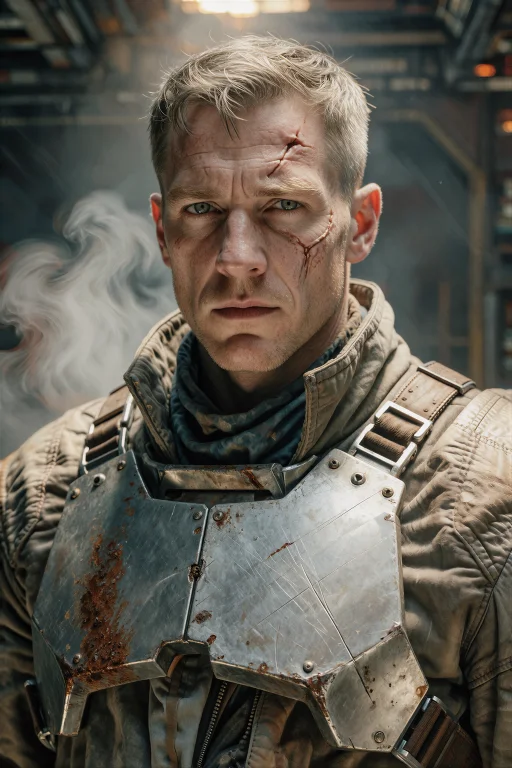 A Gritty Sci-fi Portrait Of A Man With Pale Weathered Skin A...