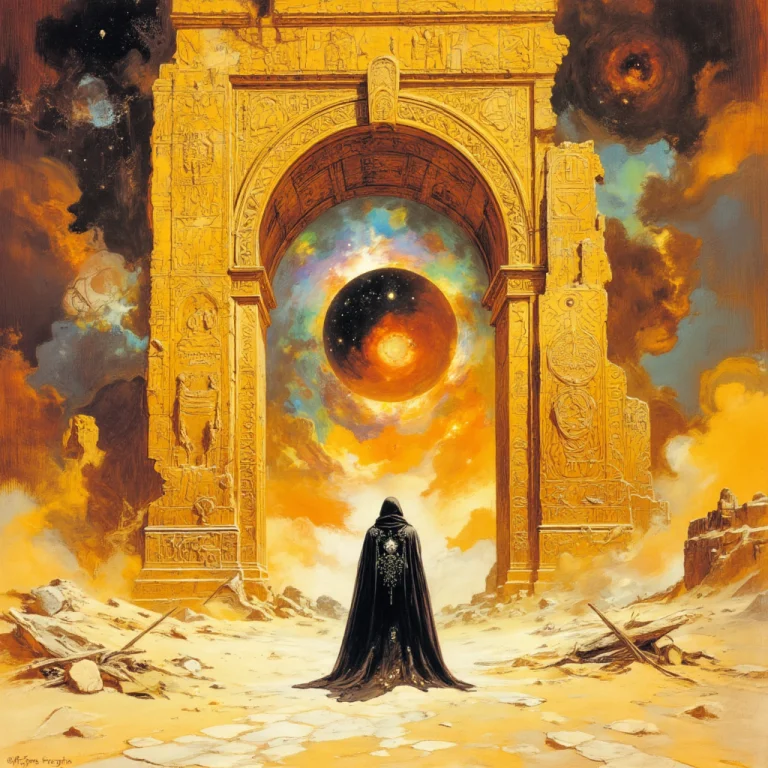 Art By Frank Frazetta, A Tall, Ancient Looking Golden Archwa...