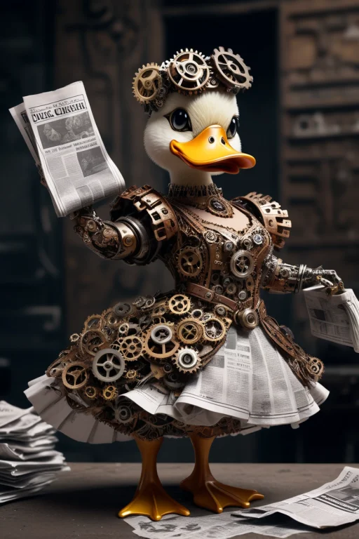 A Fancy Duck In A Cute Dress Throwing A Newspaper.. . Gears,...