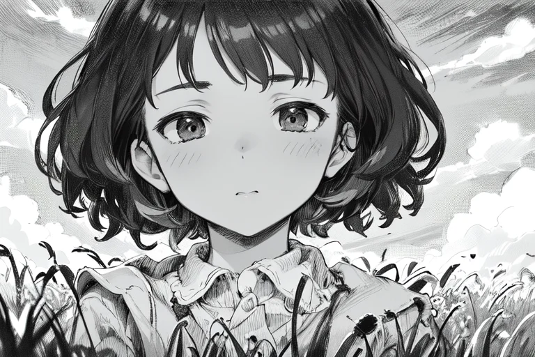Nauskaavalofwi, Monochrome, Greyscale, 1girl, Grass, Cloud,...