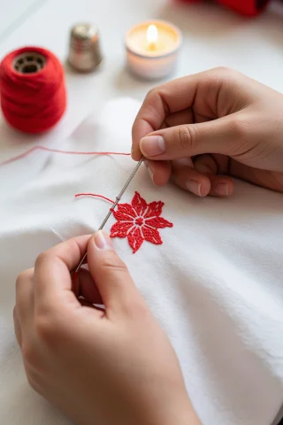 A Seamstresss Hands Threading A Needle, Red Embroidery On Wh... — Stable Diffusion AI Prompt: A seamstress's hands threading a needle, red embroidery on white linen, thimble,...