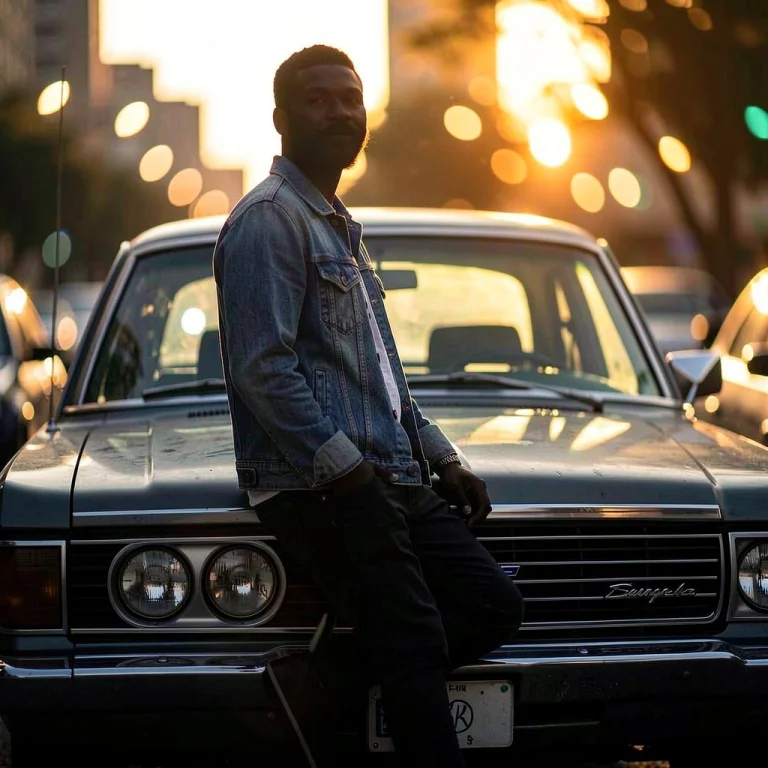 A Denim Look Leaning Against A Vintage Car, Backlit Silhouet...