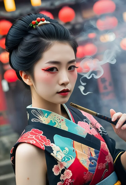 1girl, Cyberpunk Geisha, White Outline, White Makeup, Battle...