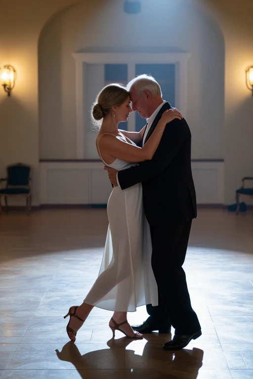 An Elderly Couple Dancing Slowly In An Empty Ballroom, Foreh...