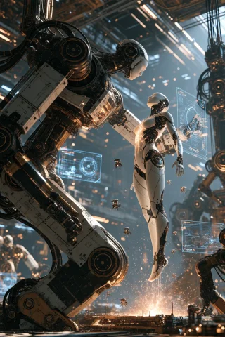 Midjourney Hyperrealistic Vertical Cinematic Shot Inside A V... — Stable Diffusion AI Prompt: midjourney Hyperrealistic vertical cinematic shot inside a vast futuristic robot...