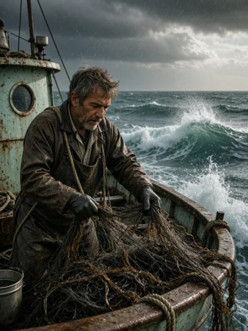A Dramatic Realistic Seascape Shows An Elderly Male Fisherma... — Stable Diffusion AI Prompt: A dramatic realistic seascape shows an elderly male fisherman aboard a weathered...