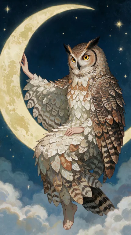 A Woman Is Covered In A Owl Costume, Its Feathers Made Of Pa...