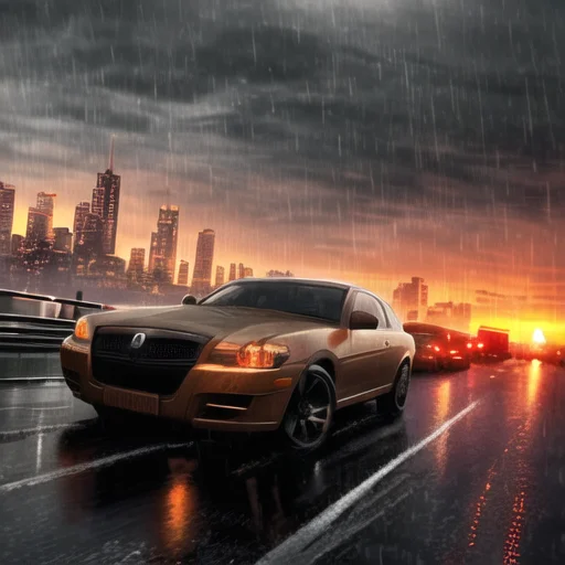 Elegant Car, Sunset, City Background, Apocalypse, Rain, Thun...