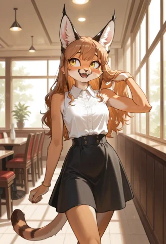 From Front, Contrapposto, 1girl, Furry, Anthro, Feline, Cara... — Stable Diffusion AI Prompt: from front, contrapposto, 1girl, furry, anthro, feline, caracal cat, solo, yello...