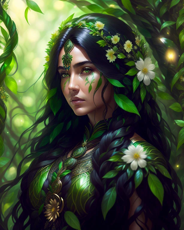 Goddess Of Nature, Native American Indian, Green Vines And F...