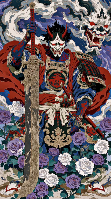 Houseofuday, A Fierce Samurai With A Demonic Mask Wields A M...