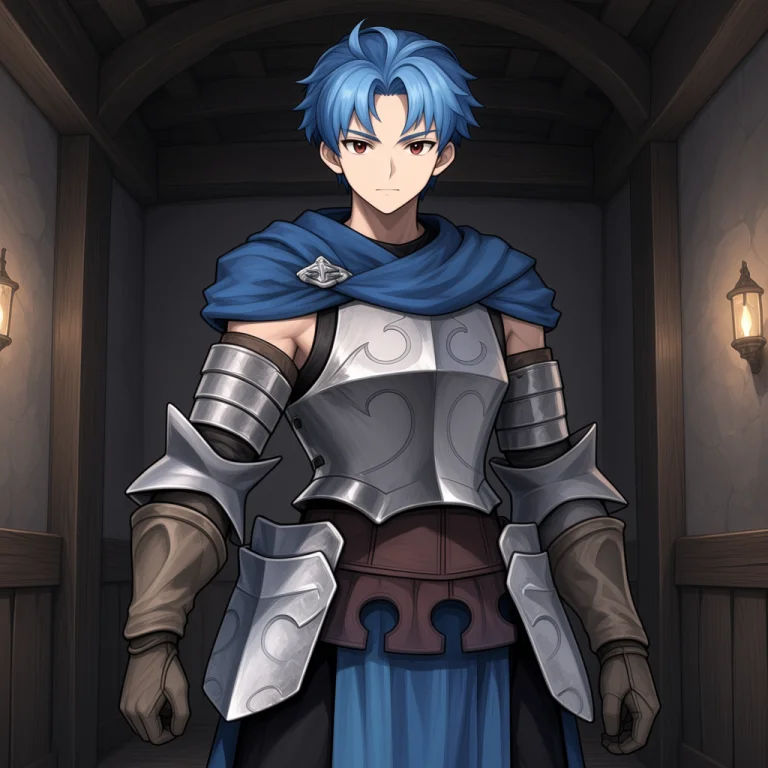 Alainue, 1boy, Blue Scarf, Breastplate, Vambraces, Gauntlets...
