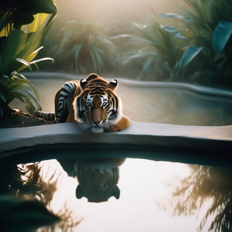 A Tiger Drinking At The Edge Of A Jungle Pool, Portrait Phot...