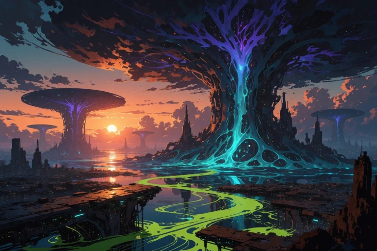 A Breathtaking Cinematic Sunset Over A Futuristic Cyberpunk...