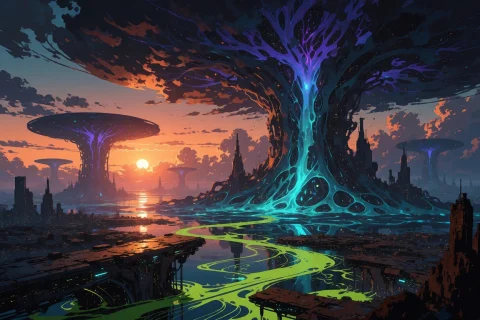 A Breathtaking Cinematic Sunset Over A Futuristic Cyberpunk... — Stable Diffusion AI Prompt: A breathtaking cinematic sunset over a futuristic cyberpunk metropolis. anime ar...