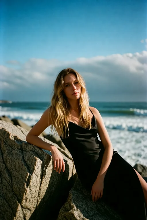 A Candid Portrait Of A Woman With Long, Wavy Blonde Hair Sit...