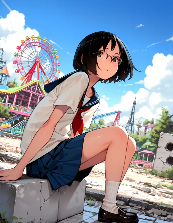 1girl, Solo, Black Eyes, Bespectacled, Black Hair, Short Hai...