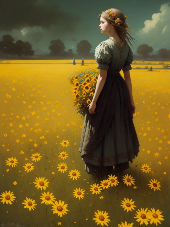 Girl On Sunshine Flowers Field, High Detail, Art By Greg Rut...