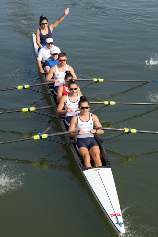 A Rowing Crew Of Four In Perfect Sync At The Catch, Oars Par...